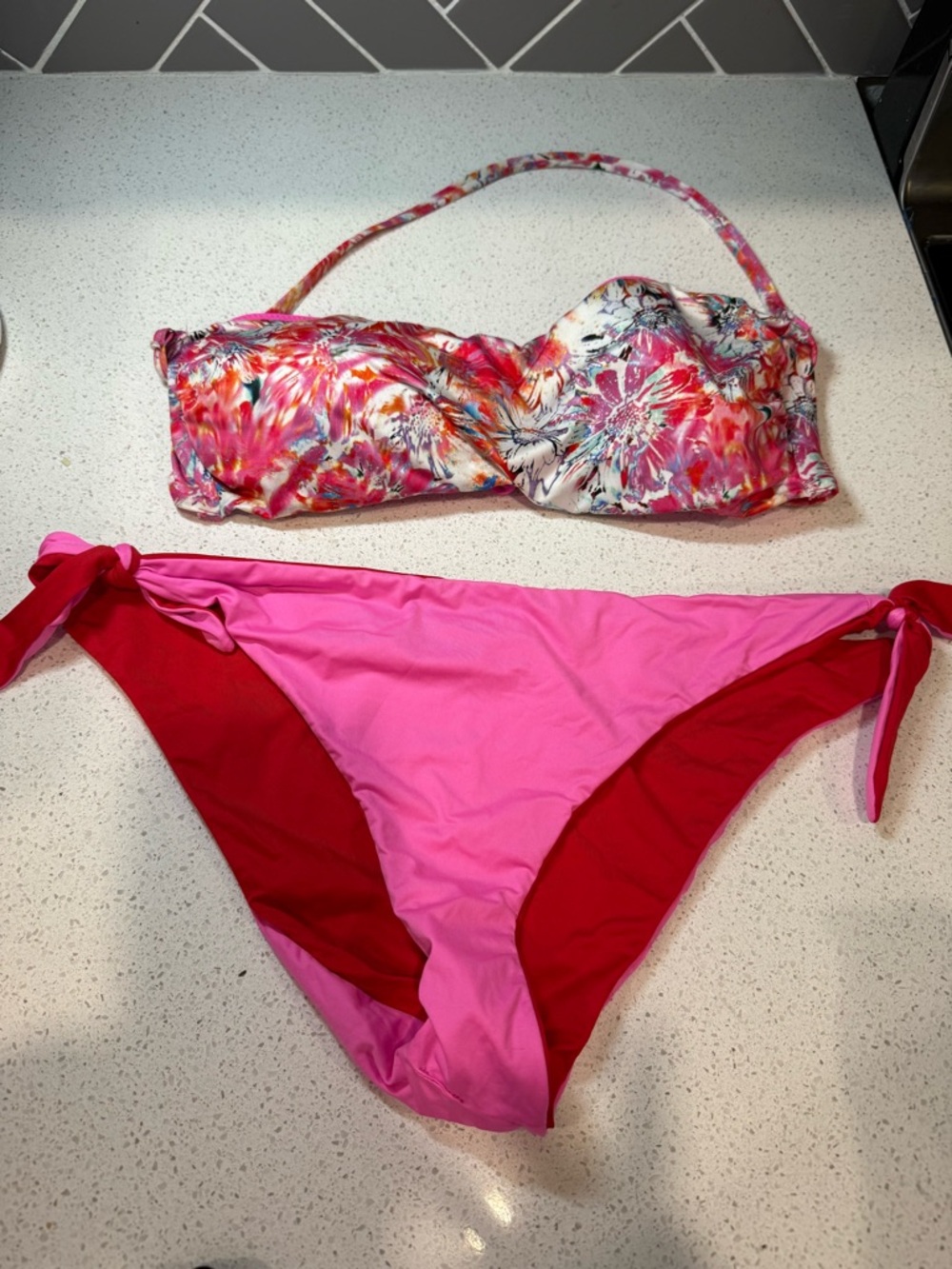 Pink & Red reversible bottoms size large Floral Bandeau Bikini Set - Women Swim
